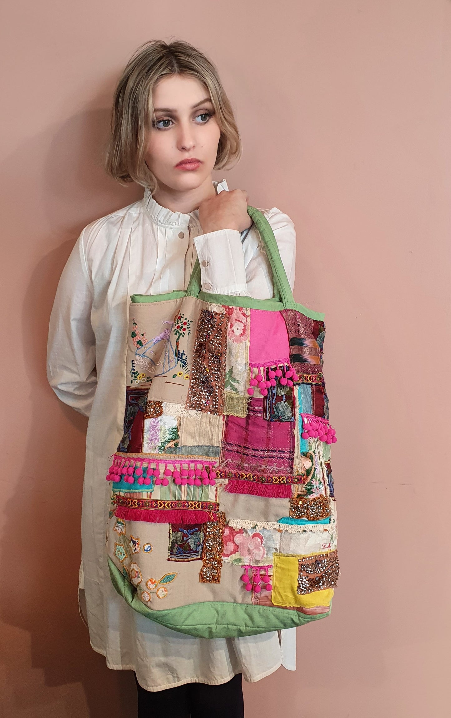 over sized appliqued tote bag